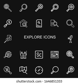 Editable 22 explore icons for web and mobile. Set of explore included icons line Magnifier, Search, Magnifying glass, Searching, Explorer, Binoculars, Scout on black background