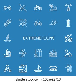 Editable 22 extreme icons for web and mobile. Set of extreme included icons line Motorcycle, Kayak, Bicycle, Paintball, Skateboard, Mountain, Skydiving, Free fall on blue background