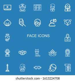 Editable 22 face icons for web and mobile. Set of face included icons line Theater, Beard, Profile, Call center, Woman, Baby, Selfie, Grandmother, User, Fox on blue background