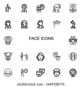 Editable 22 face icons for web and mobile. Set of face included icons line Mythology, Clocks, Woman, Ninja, Skull, Call center, Eye mask, Pharaoh, Dog, Cat on white background