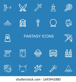 Editable 22 iconos de fantasía para web y móvil. Conjunto de fantasía incluido iconos línea Wand, Saber, varita mágica, bruja, criptozoología, Ufo, cohete, cetro, bola de cristal sobre fondo azul