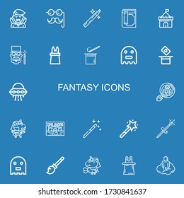 Editable 22 fantasy icons for web and mobile. Set of fantasy included icons line Dracula, Costume, Magic wand, Magic book, Castle, Magician, Magic, Wand, Ghost on blue background