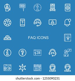 Editable 22 faq icons for web and mobile. Set of faq included icons line Customer service, Question, Info, Trick, Manual, Help, Support, Notification, Guide book on blue background