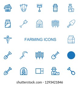 Editable 22 farming icons for web and mobile. Set of farming included icons line Barn, Cow, Rake, Milk, Shovel, Fertilizer, Wheat, Scarecrow, Sickle, Crop on white background