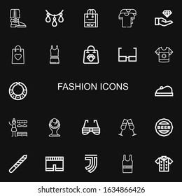 Editable 22 fashion icons for web and mobile. Set of fashion included icons line Boot, Necklace, Shopping bag, Shirt, Jewelry, Bag, Clothes, Glasses, Beret on black background