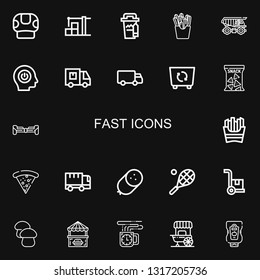 Editable 22 fast icons for web and mobile. Set of fast included icons line Mushroom, Warehouse, Coffee cup, French fries, Cargo truck, Power, Delivery truck on black background
