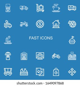 Editable 22 fast icons for web and mobile. Set of fast included icons line Sandwich, Delivery, Trolley, Coffee cup, Truck, Van, Motorcycle, Chip, Warehouse on blue background