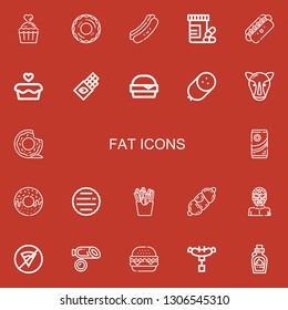 Editable 22 fat icons for web and mobile. Set of fat included icons line Cupcake, Donut, Hot dog, Vitamins, Chocolate, Hamburger, Sausage, Rhino, French fries on red background