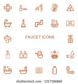 Editable 22 faucet icons for web and mobile. Set of faucet included icons line Pipe, Water, Bathtub, Plunger, Pipes, Washbowl, Soap, Basin, Antiseptic, Sprinkler on white background