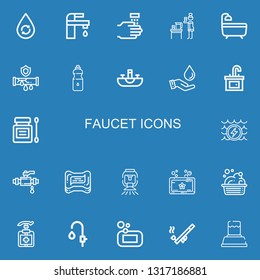 Editable 22 faucet icons for web and mobile. Set of faucet included icons line Water, Tap, WASHING HANDS, Bath, Pipe, Sink, Save water, Antiseptic, Soap, Sprinkler on blue background