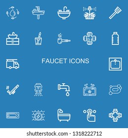 Editable 22 faucet icons for web and mobile. Set of faucet included icons line Water, Sink, Sprinkler, Plunger, Pipe, Plumber, Tap, Soap, Bath on blue background