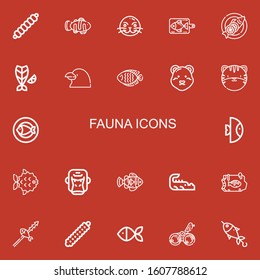 Editable 22 fauna icons for web and mobile. Set of fauna included icons line Caterpillar, Clown fish, Sea lion, Fish, Raven, Polar bear, Tiger, Gorilla, Crocodile on red background