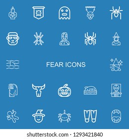 Editable 22 fear icons for web and mobile. Set of fear included icons line Skull, Jolly roger, Ghost, Spider, Frankenstein, Tarantula, Zombie, Witch, Shark on blue background