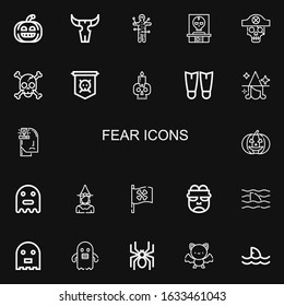 Editable 22 fear icons for web and mobile. Set of fear included icons line Pumpkin, Skull, Voodoo, Jolly roger, Fins, Witch, Anxiety, Ghost, Pirate flag, Frankenstein on black background