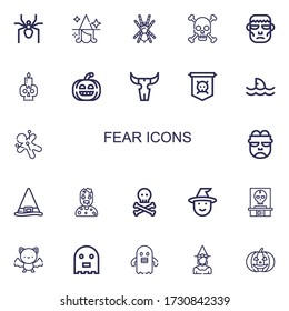Editable 22 fear icons for web and mobile. Set of fear included icons line Spider, Witch, Tarantula, Skull, Frankenstein, Pumpkin, Jolly roger, Shark, Voodoo on white background