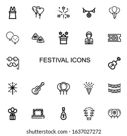 Editable 22 festival icons for web and mobile. Set of festival included icons line Magic, Balloon, Fireworks, Garland, Zongzi, Hippie, Ticket, Costume, Guitar on white background