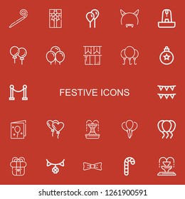 Editable 22 festive icons for web and mobile. Set of festive included icons line Party blower, Gift box, Balloon, Devil mask, Fountain, Balloons, Ireland, Bauble on red background
