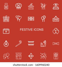 Editable 22 festive icons for web and mobile. Set of festive included icons line Posion, Balloons, Circus tent, Balloon, Fountain, Open, Carpet, Saint Patrick on red background