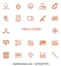 Editable 22 field icons for web and mobile. Set of field included icons line Golf, Magnet, Baseball field, Desert, Tennis, Crop, Baton, Landscape, Ice hockey on white background