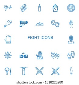 Editable 22 fight icons for web and mobile. Set of fight included icons line Water gun, Nunchaku, Punching bag, Gloves, Radar, Weapon, Gun, Knuckle, Soldier on white background