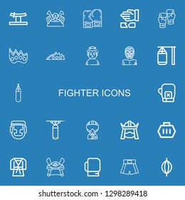 Editable 22 fighter icons for web and mobile. Set of fighter included icons line Katana, Shogun, Boxing gloves, Martial arts, Boxing, Knuckle, Sumo, Wrestler on blue background