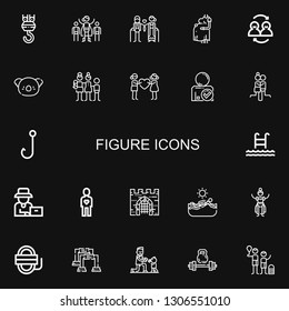 Editable 22 figure icons for web and mobile. Set of figure included icons line Hook, Superhero, Couple, Pregnant, Friends, Koala, Family, Friend, Swim, Farmer on black background
