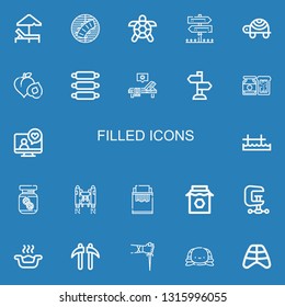 Editable 22 filled icons for web and mobile. Set of filled included icons line Sunbed, Ribs, Turtle, Sign Post, Peach, Jam, Videocall, Pier, Peanut butter, Jetpack on blue background