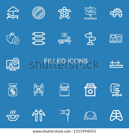 Editable 22 filled icons for web and mobile. Set of filled included icons line Sunbed, Ribs, Turtle, Sign Post, Peach, Jam, Videocall, Pier, Peanut butter, Jetpack on blue background