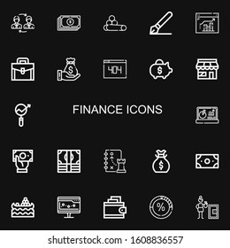 Editable 22 finance icons for web and mobile. Set of finance included icons line Exchange, Yuan, Chalk, Signature, Analytics, Briefcase, Money bag, , Piggy bank on black background