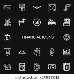 Editable 22 iconos financieros para web y móvil. Conjunto de iconos financieros incluidos línea Check, Atm, Balance, Método de pago, Préstamo, Crecimiento, Crossword, gráficos de barras sobre fondo negro