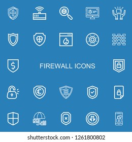 Editable 22 firewall icons for web and mobile. Set of firewall included icons line Shield, Modem, Virus search, Malware, Protection, Firewall, Security, Lock on blue background