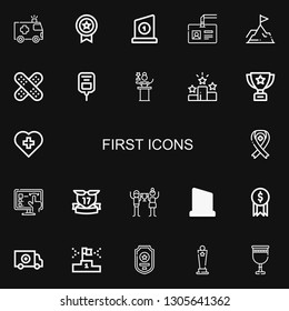 Editable 22 first icons for web and mobile. Set of first included icons line Ambulance, Medal, Trophy, Badge, Achievement, Plaster, Saline, Awards, Win, Red cross on black background