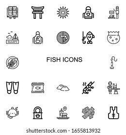 Editable 22 iconos de peces para web y móvil. Conjunto de peces incluidos los íconos de la línea Tofu, Torii, erizo marino, Apron, Veterinario, Mar, Prawn, Pesca, Tazón, Pescado, Garganta sobre fondo blanco