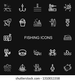 Editable 22 fishing icons for web and mobile. Set of fishing included icons line Camping, Hook, Underwater, Water ski, Fish, Adventure, Sea, Surfer, Sardines on black background