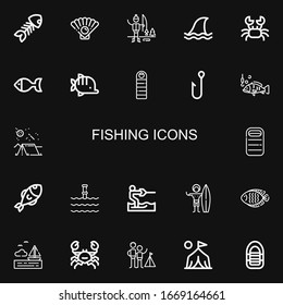Editable 22 fishing icons for web and mobile. Set of fishing included icons line Fish bone, Oyster, Ice fishing, Shark, Crab, Fish, Sleeping bag, Hook, on black background