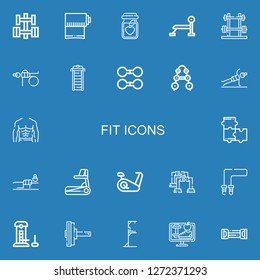 Editable 22 fit icons for web and mobile. Set of fit included icons line Dumbbell, Yoga mat, Nutrition, Bench press, Fitness, Treadmill, Barbell, Abs, Puzzle on blue background