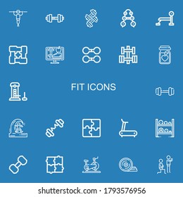 Editable 22 fit icons for web and mobile. Set of fit included icons line Fitness, Dumbbell, Barbell, Bench press, Arms, Lifestyle, Nutrition, Strength, Skimboard on blue background