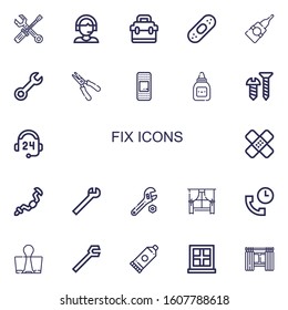 Editable 22 fix icons for web and mobile. Set of fix included icons line Maintenance, Support, Toolbox, Plaster, Glue, Wrench, Plier, Screw, Ratchet, Window on white background