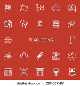 Editable 22 flag icons for web and mobile. Set of flag included icons line Flag, Balloons, Fireworks, Street map, Inukshuk, Pirate, Race, Pirates, Circus tent on red background