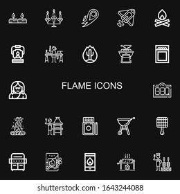 Editable 22 flame icons for web and mobile. Set of flame included icons line Candles, Candlestick, Fire, Rocket, Bonfire, Oil lamp, Candle making, Bbq, Match on black background