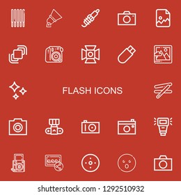 Editable 22 flash icons for web and mobile. Set of flash included icons line Sticks, Spotlight, Spark, Camera, Image, Hidrive, Usb, Shines, Stick, Photo, Photo camera on red background