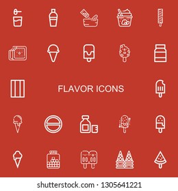 Editable 22 flavor icons for web and mobile. Set of flavor included icons line Powder, Shaker, Seasoning, Ice cream, Popsicle, Mayonnaise, Chewing gum, Ice cream cone on red background