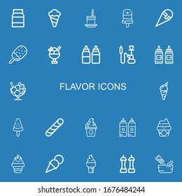 Editable 22 flavor icons for web and mobile. Set of flavor included icons line Mayonnaise, Ice cream, Frozen yogurt, Popsicle, Sauces, Hookah, Condiment, Stick candy on blue background