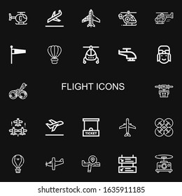 Editable 22 flight icons for web and mobile. Set of flight included icons line Helicopter, Landing, Planes, Windsock, Hot air balloon, Pilot, Bird, Drone, Aircraft on black background