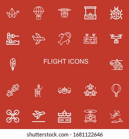 Editable 22 flight icons for web and mobile. Set of flight included icons line Origami, Parachute, Drone, Ticket office, Ladybug, Water ski, Airplane, Departure on red background