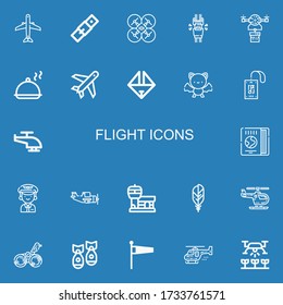 Editable 22 flight icons for web and mobile. Set of flight included icons line Aircraft, Belt, Drone, Seatbelt, Salver, Plane, Origami, Bat, Pass, Helicopter on blue background
