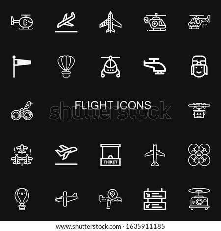 Editable 22 flight icons for web and mobile. Set of flight included icons line Helicopter, Landing, Planes, Windsock, Hot air balloon, Pilot, Bird, Drone, Aircraft on black background