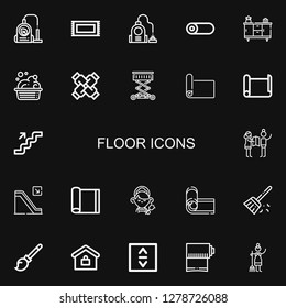 Editable 22 floor icons for web and mobile. Set of floor included icons line Vacuum, Rug, Roll, Cupboard, Washbowl, United, Lift, Mat, Paper roll, Stairs, Planning on black background