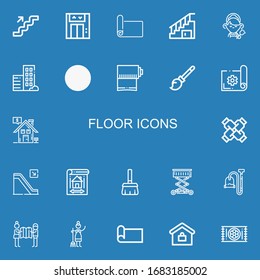 Editable 22 floor icons for web and mobile. Set of floor included icons line Stairs, Lift, Mat, Maid, Real estate, Escalator, Yoga mat, Broomstick, Planning on blue background