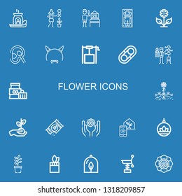 Editable 22 flower icons for web and mobile. Set of flower included icons line Essential oil, Gardener, Massage, Flower, Cotton, Devil mask, Well, Hugh, Plant on blue background
